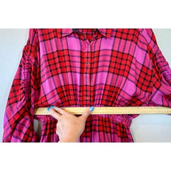 NWOT Free People Pacific Dawn Red & Pink Plaid Shirt With Waist Drawstring M - Picture 10 of 11